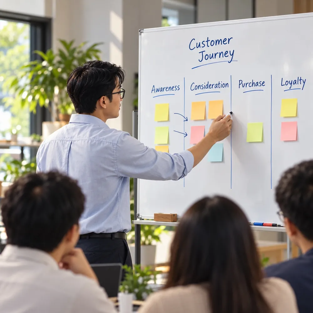 Foto: konsultan memetakan customer journey di papan tulis