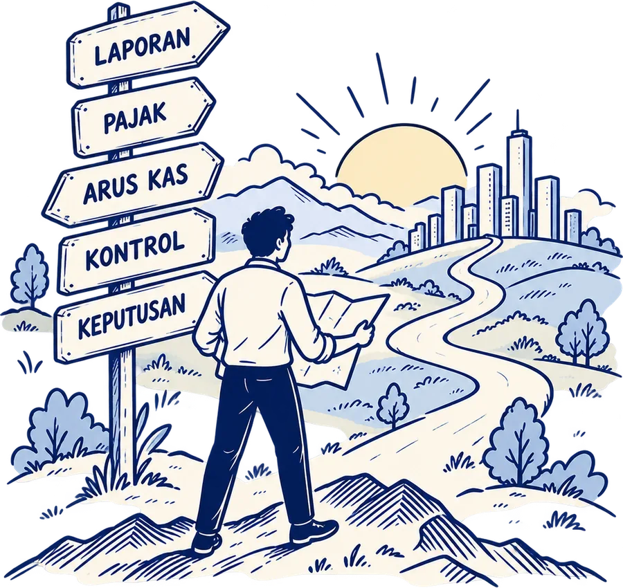 Ilustrasi: orang membaca peta di depan papan Laporan, Pajak, Arus Kas, Kontrol, Keputusan